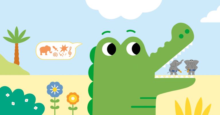 illustration Le Crocodile et les Éléphants sur la Plage